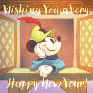 米奇老鼠戴著綠色帽子，從木窗微笑，附有新年祝福語。