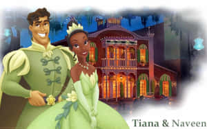Tiana 和 Naveen 身穿綠色正裝，夜晚站在發光的大宅前。