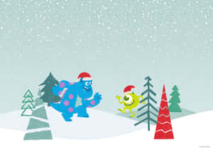 兩隻戴著聖誕帽的卡通怪物在雪地森林中與裝飾樹一起奔跑。