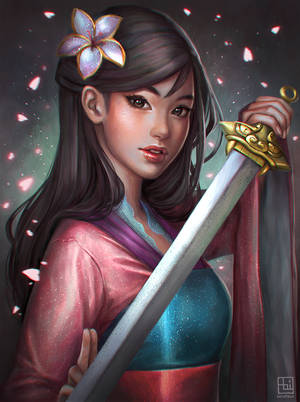 動漫女戰士，手持劍和櫻花髮夾