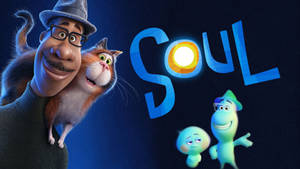 動畫男子與貓和兩個靈魂，靠近發光的「Soul」文字。