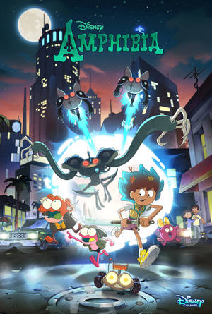 迪士尼《Amphibia》角色在夜間城市景觀中與外星入侵者戰鬥。