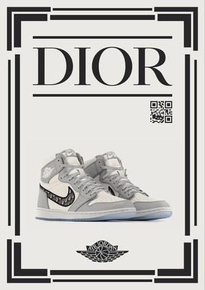 灰色和白色的Dior x Air Jordan 1運動鞋，帶有裝飾藝術風格框架。