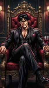 一個強大的動漫男人穿著黑色西裝，坐在紅色天鵝絨寶座上，手持一杯酒。