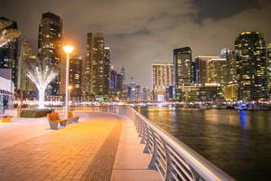 夜間城市海濱，有燈火通明的摩天大樓和彎曲的步道。 — 夜晚 GIF 壁紙