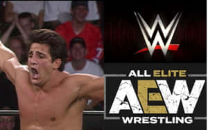 摔角手慶祝勝利，展示 WWE 和 AEW 標誌。