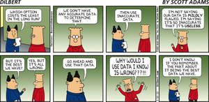 兩位 Dilbert 角色在工作場所就使用不準確的數據進行爭論。