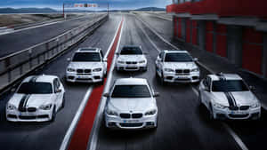 五輛白色BMW汽車在帶有紅色和白色線條的賽道上飛馳。