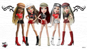 五個穿著搖滾主題服裝的 Bratz 娃娃以自信的姿態擺姿勢。 — Bratz風格 壁紙