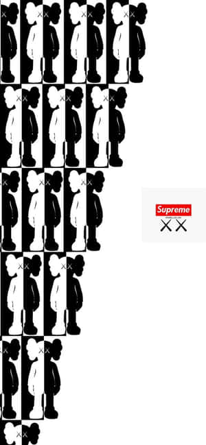 黑白KAWS公仔排列成樓梯圖案，帶有Supreme標誌。