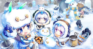 三個穿著冬季服裝的Q版動漫角色在雪地裡與雪人和胡蘿蔔玩耍。