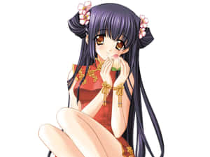 身穿紅色傳統金邊裙、頭戴粉紅花朵的動漫少女，手持桃子。 — 動漫女孩 壁紙