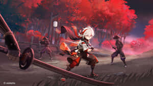 白髮紅甲動漫戰士在黃昏的紅楓林中揮劍戰鬥。