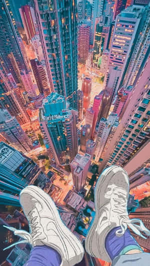 穿著白色運動鞋的雙腳從高處俯瞰黃昏時分發光的城市。 — 夜景城市 壁紙
