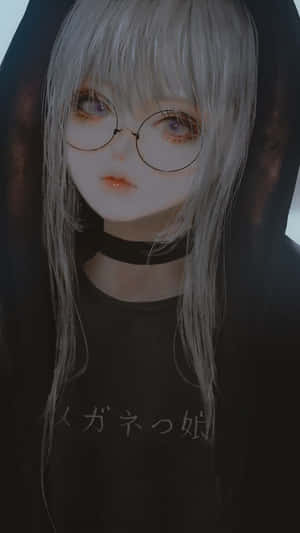 銀髮戴眼鏡的動漫女孩，身穿黑色連帽衫。