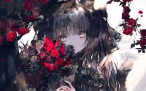灰髮紅眼的動漫女孩，被紅玫瑰和深色花瓣環繞。 — 可愛動漫女仔 壁紙