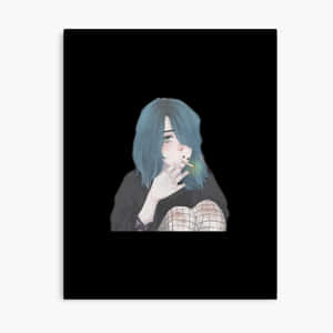 一個藍髮動漫女孩在黑色背景下抽煙。