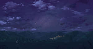 一個人站在田野中，眺望遠方村莊上方的星空。 — 月色夜空 壁紙