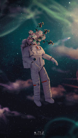 頭部為花朵的太空人在色彩繽紛的極光太空中漂流。