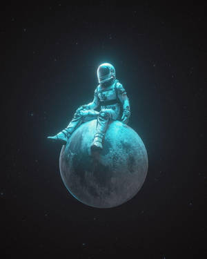 一個太空人平靜地坐在滿天星斗的月球上。