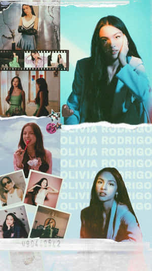 Olivia Rodrigo 的撕裂照片拼貼，背景重複她的名字。