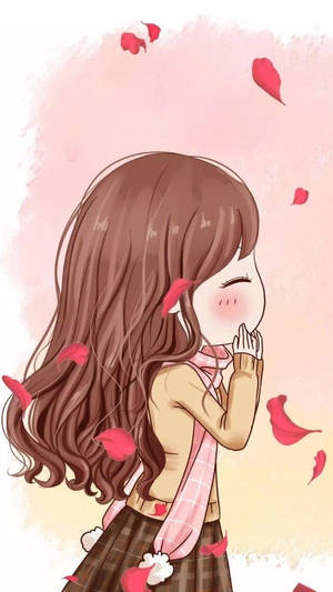 棕色頭髮的動漫女孩，紅色花瓣飄浮在她周圍，她害羞地微笑。