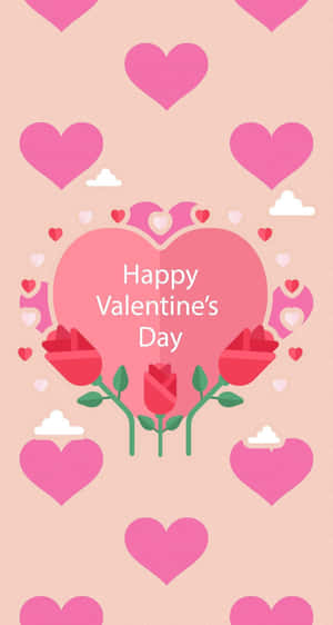 粉紅色心形和玫瑰，帶有「Happy Valentine's Day」文字。