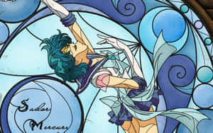 Sailor Mercury 動漫角色在彩色玻璃藝術中，帶有藍色漩渦和她的名字。