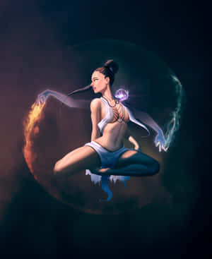 一位在太空冥想的女性，引導火與冰的能量。