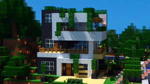Minecraft森林中的現代方塊房屋，帶有發光燈具和玻璃窗。