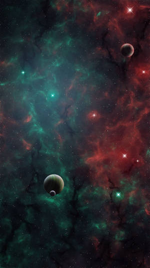 宇宙星雲，帶有藍綠色和紅色雲朵，以及發光星星之間的漂浮行星。