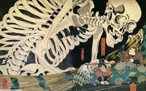 武士們在日本木版畫中面對一個巨大的骷髏怪物。