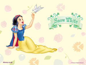 白雪公主跪下，手指上有白鴿，被花朵包圍。