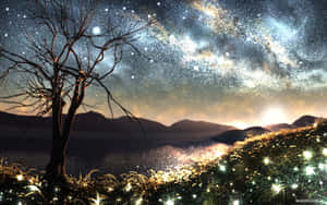 發光花田中的一棵禿樹，上方是繁星點點的天空和明亮的銀河。