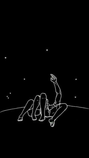 一個人躺在彎曲的地平線上，指向星星的極簡線條畫。