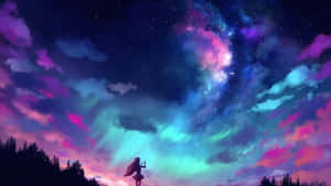 動畫女孩凝視著帶有極光和星雲的彩色宇宙天空。 — 粉紅動漫美學 壁紙