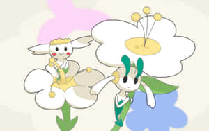 兩個開心的兔仔角色坐在有綠色莖的大白花上。