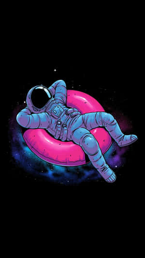 太空人喺太空漂浮喺一個粉紅色充氣圈上，周圍係星星。