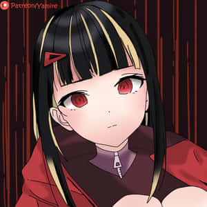 紅眼黑金髮動漫女孩室內穿著紅色連帽衫。 — 動漫女孩 壁紙