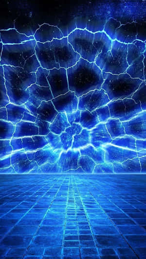 藍色閃電在數位空間的瓷磚地板上方的星空噼啪作響。