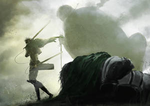 戰士在暴風雨般的戰場上與倒下的士兵一起對抗巨大的巨人。