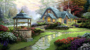 舒適的石頭小屋，窗戶發光，周圍環繞著五顏六色的鮮花和一條石徑。