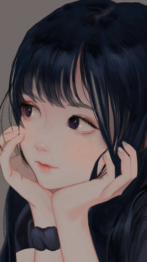 深色頭髮、柔和腮紅的動畫女孩，雙手托腮。