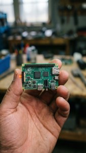 手拿著一塊帶有發光LED的綠色Raspberry Pi電腦板。