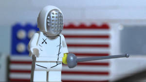 LEGO劍擊人偶手持花劍，背景為美國國旗。
