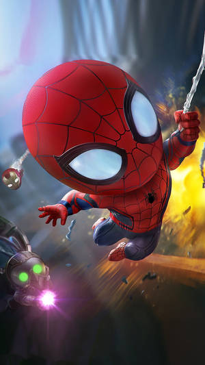 Chibi Spider-Man 在燃燒的戰鬥中擺盪，躲避激光束。