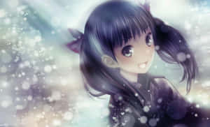 深色雙馬尾的動畫女孩在雪景中微笑，帶有閃爍和散景燈光。 — 靚靚動畫 壁紙