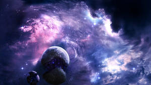 鮮豔的紫色和藍色星雲，帶有發光的星星和漂浮在深空中的行星。 — 失落的城市 壁紙