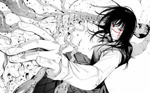 紅眼睛、臉上帶有標記的動漫女孩從手中釋放出卷鬚。