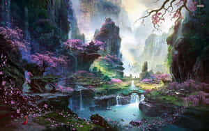 一個幻想山谷，漂浮的寶塔和櫻花在發光的天空下。